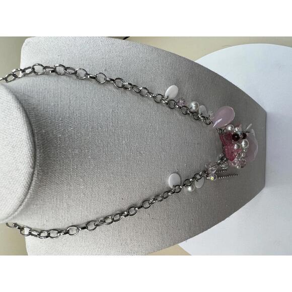 Silver Chain Necklace with Pink and Faux Pearl Beads - Picture 8 of 10